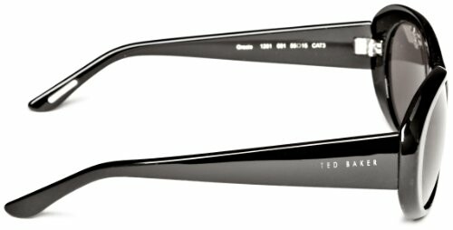 Side view of black sunglasses with brand name on the arm