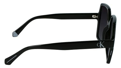 Side view of black sunglasses with logo on the temple