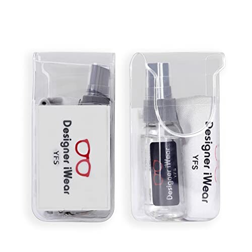 Eyeglass cleaning kit with spray and cloth.